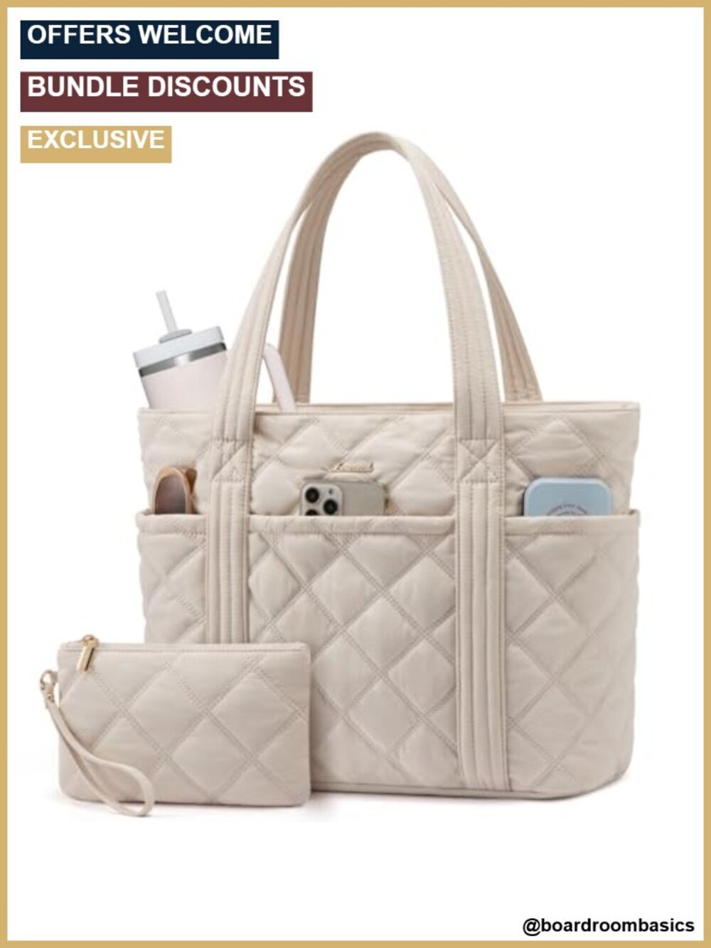 Quilted Puffer Tote Bag with Cup Holder for Work Travel